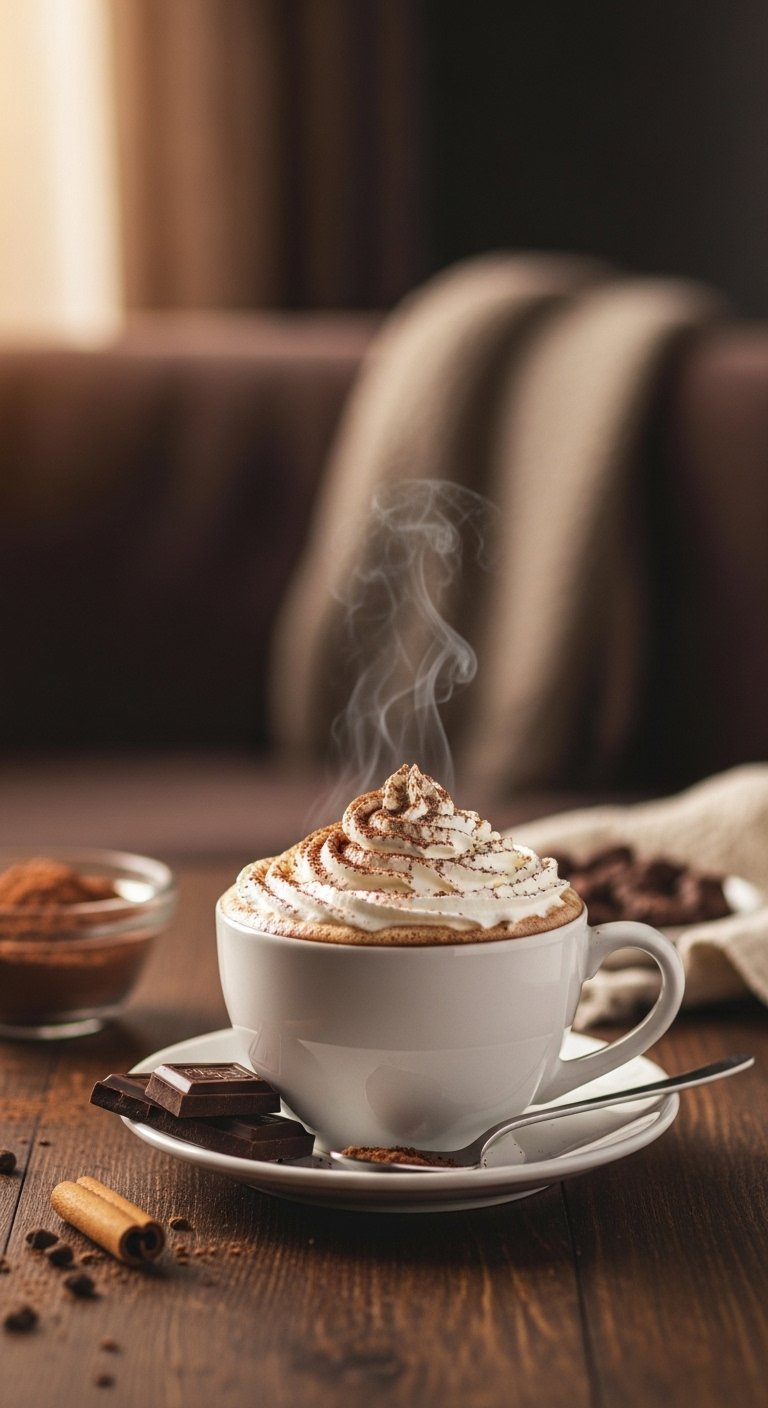 Decadent Mocha In A Ceramic Mug Topped With Whipped Cream And Cocoa Powder With Dark Chocolate.