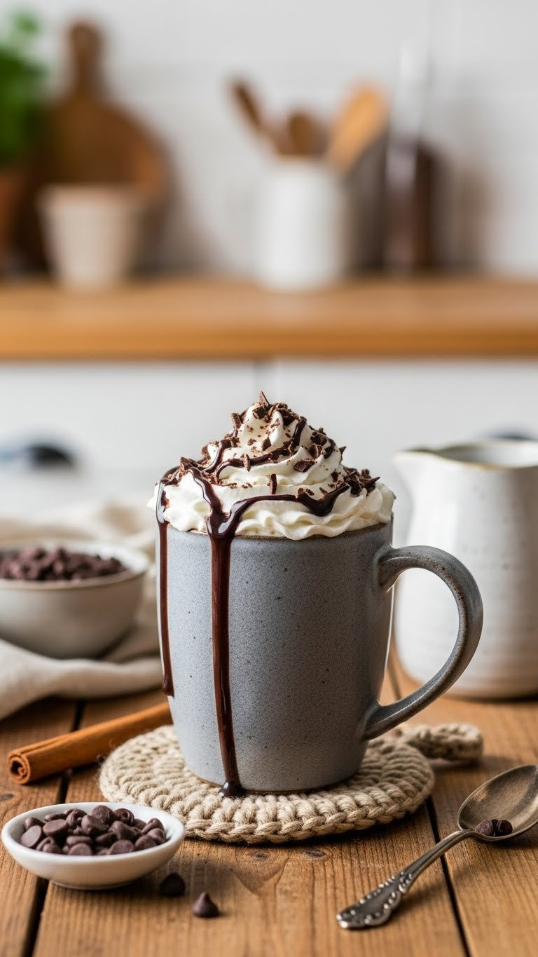 Decadent Mocha Latte In Stoneware Mug With Whipped Cream, Chocolate Shavings, And Chocolate Drizzle On Rustic Wooden Table.