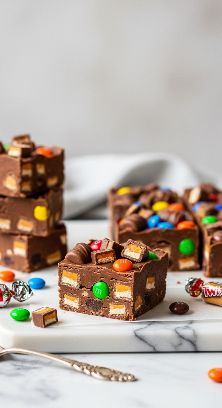 Decadent No-Bake Chocolate Fudge Cut Square On Marble, Studded With Snickers, Twix, M&Amp;M's Halloween Candy Pieces.