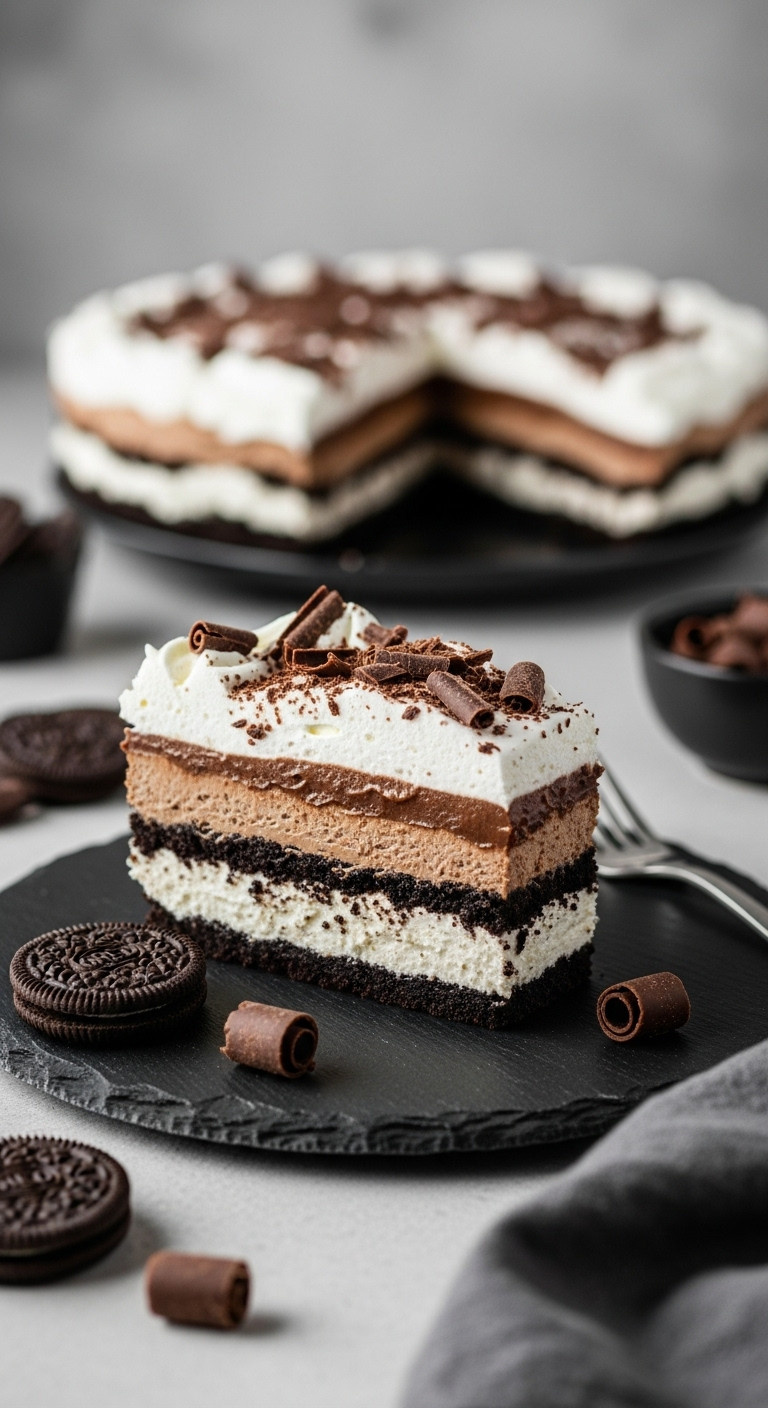 Decadent No-Bake Chocolate Lasagna Dessert Slice With Oreo Crust, Cream Cheese, Pudding, Whipped Topping, Chocolate Shavings.