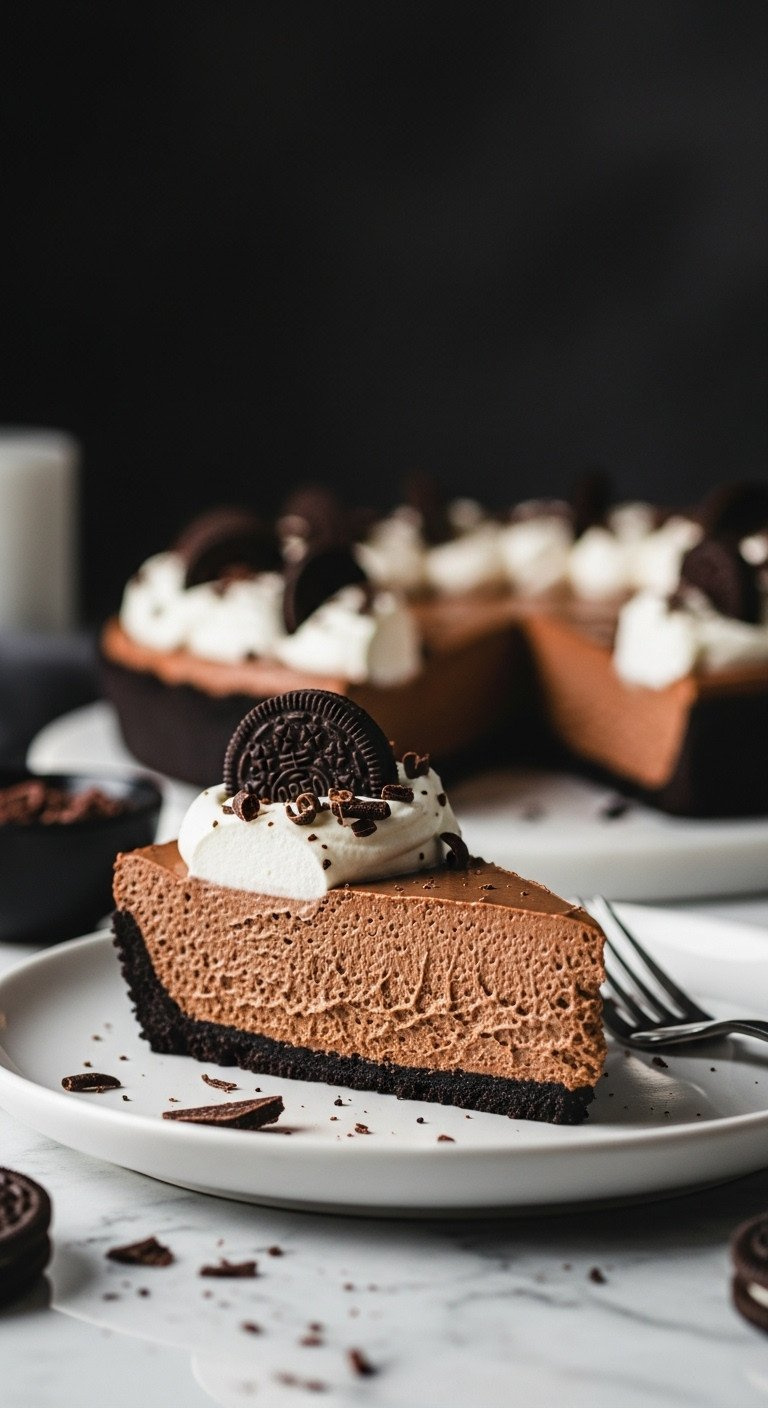 Decadent No-Bake Chocolate Silk Pie Slice With Vegan Whipped Cream, Chocolate Shavings, Oreo Crust On White Plate.