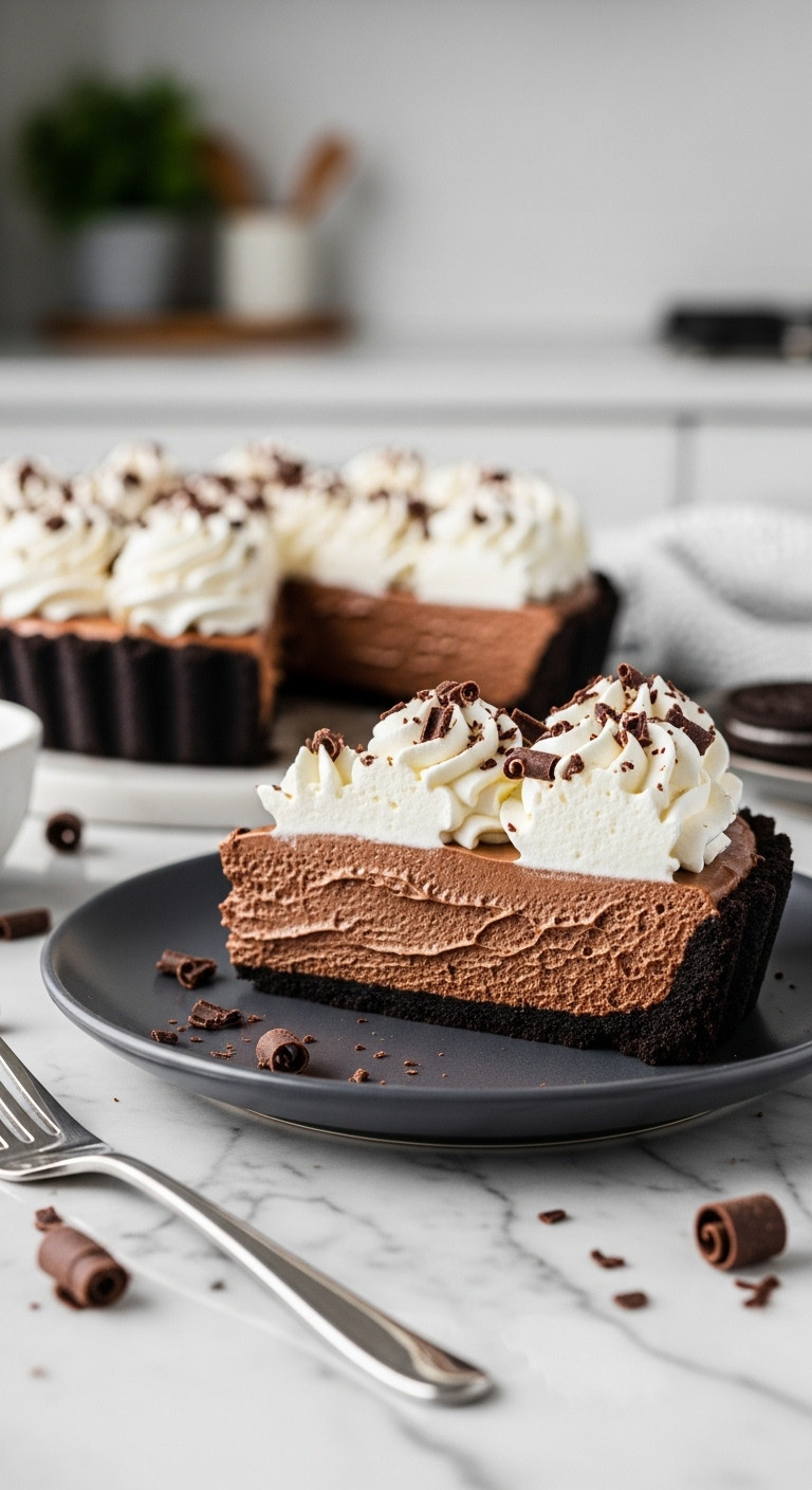 Decadent No-Bake Chocolate Silk Pie Slice With Velvety Filling, Whipped Cream, Chocolate Shavings On Dark Plate, Marble Counter.