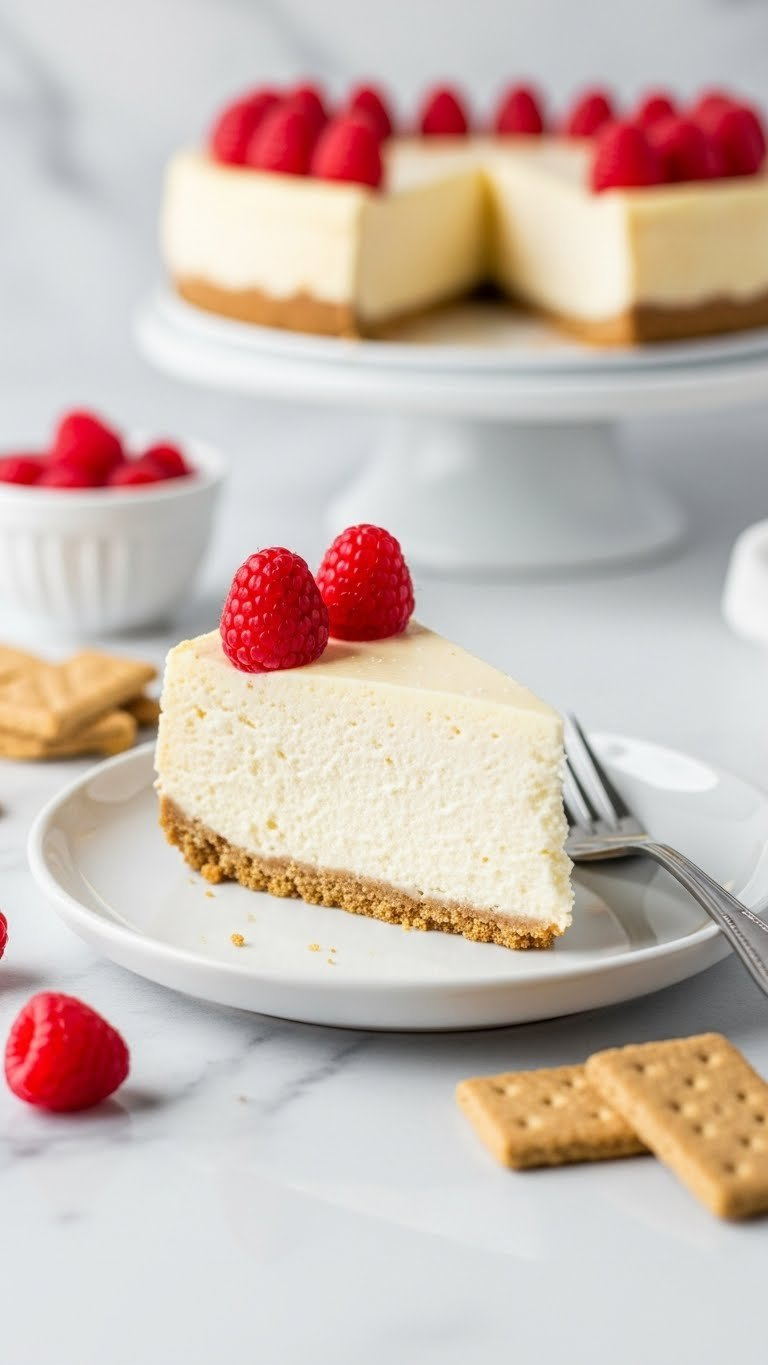 Decadent No-Bake Cream Cheese Cheesecake Slice With Graham Cracker Crust, Fresh Raspberries, Powdered Sugar On White Plate. Easy Dessert Recipe.