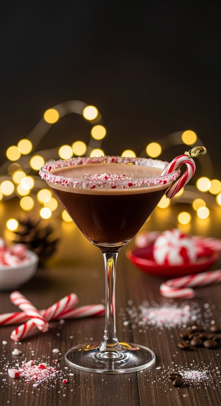 Decadent Peppermint Mocha Martini With Crushed Candy Cane Rim In A Martini Glass, Against Blurred Christmas Lights.