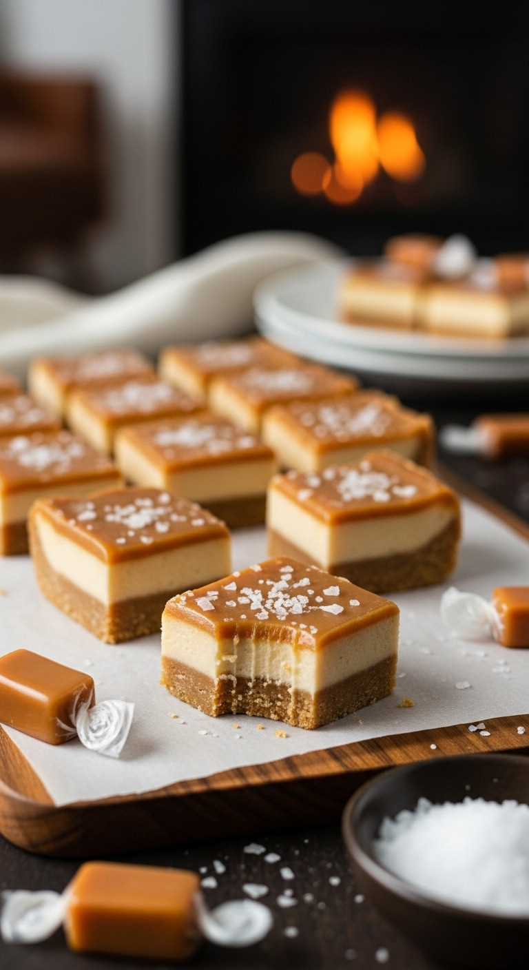 Decadent Salted Caramel Fudge Squares With Flaky Sea Salt Arranged On A Dark Wood Board In Front Of A Cozy Fireplace.