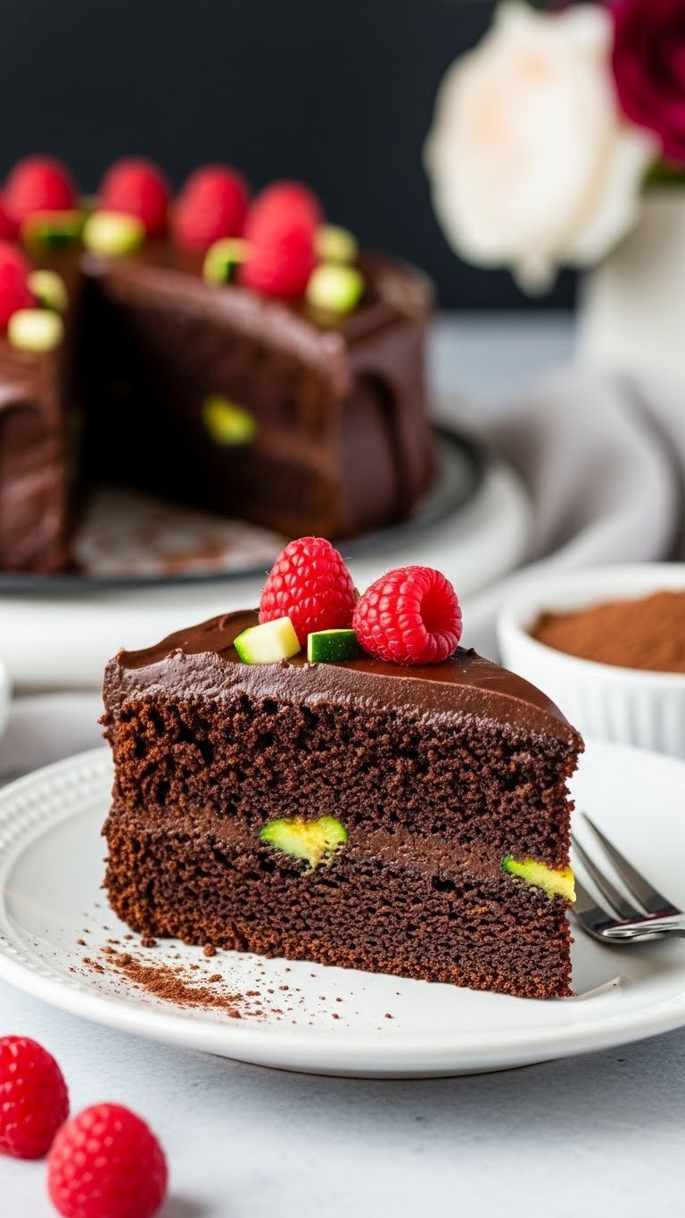 Decadent Slice Of Grain-Free Zucchini Chocolate Cake With Glossy Ganache On White Plate Showing Moist Interior