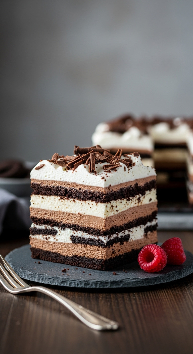 Decadent Square Chocolate Lush Dessert Slice With Oreo Crust, Cream Cheese, Pudding, Whipped Cream, And Shavings On A Slate Plate.