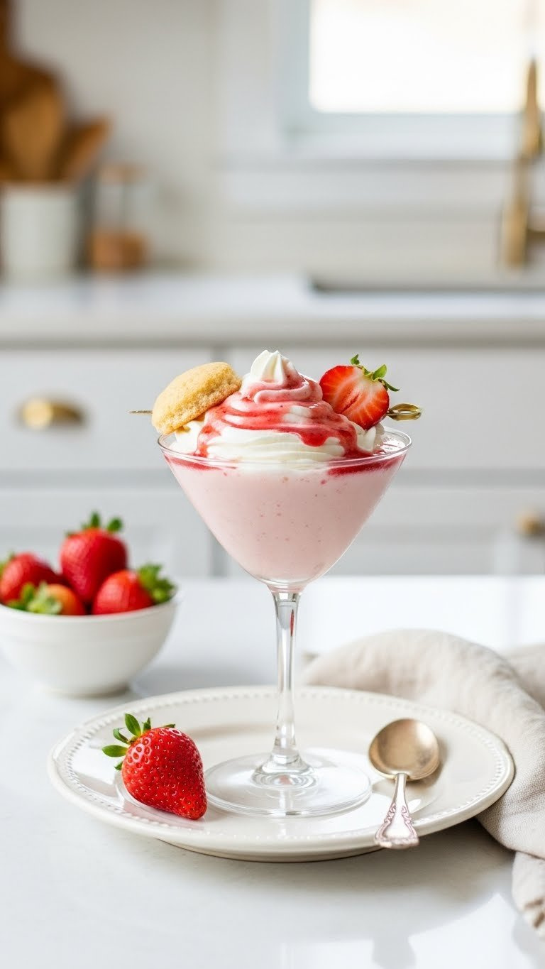 Decadent Strawberry Shortcake Drink With Whipped Cream And Biscuit Garnish In Stemmed Glass On Vintage Plate.