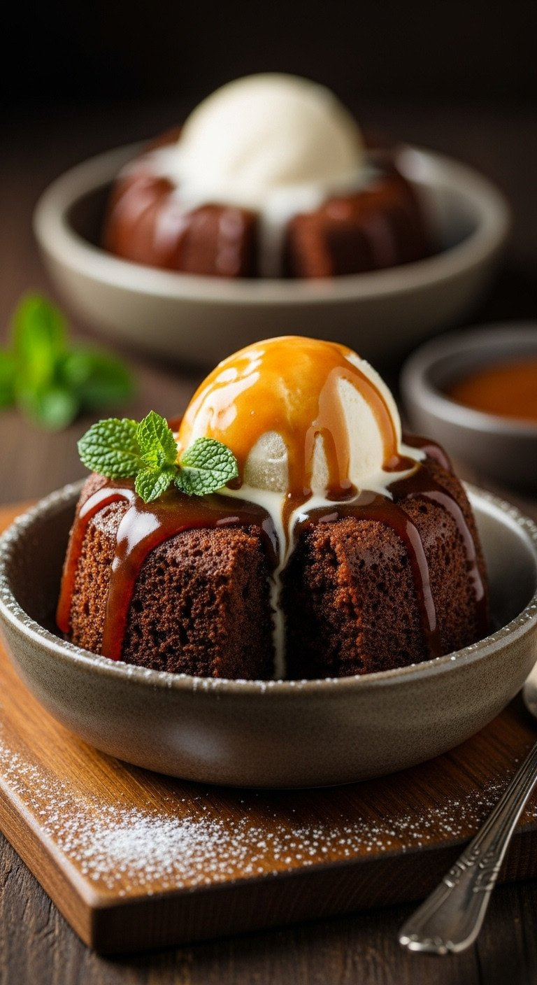 Decadent Vegan Sticky Toffee Pudding With Rich Dark Toffee Sauce And Melting Vanilla Ice Cream, Garnished With Mint.