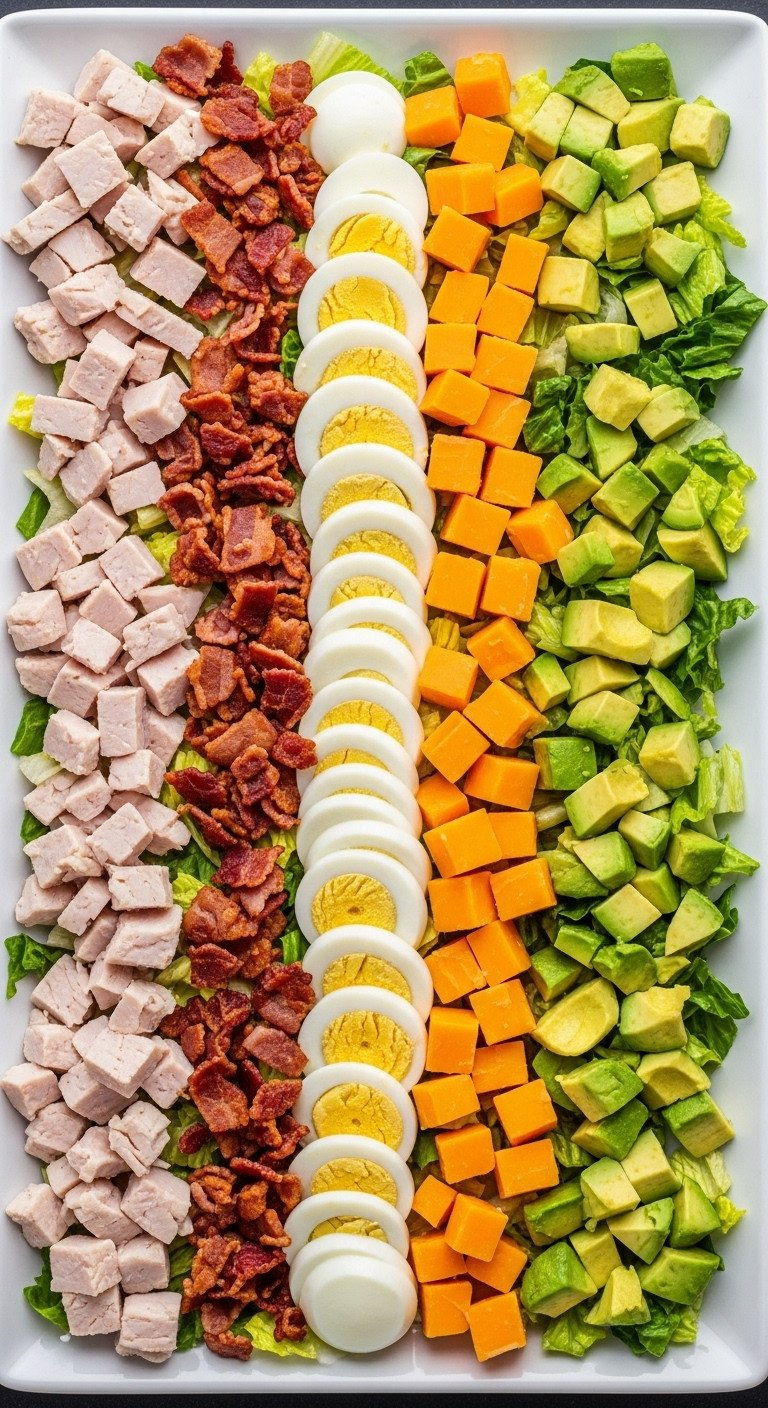 Deconstructed Fall Cobb Salad: Rows Of Romaine, Smoked Turkey, Bacon, Egg, Cheddar, Avocado On White Platter.