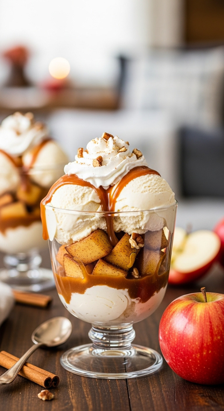 Deconstructed Caramel Apple Sundae With Sautéed Cinnamon Apples Vanilla Ice Cream And Rich Caramel Sauce