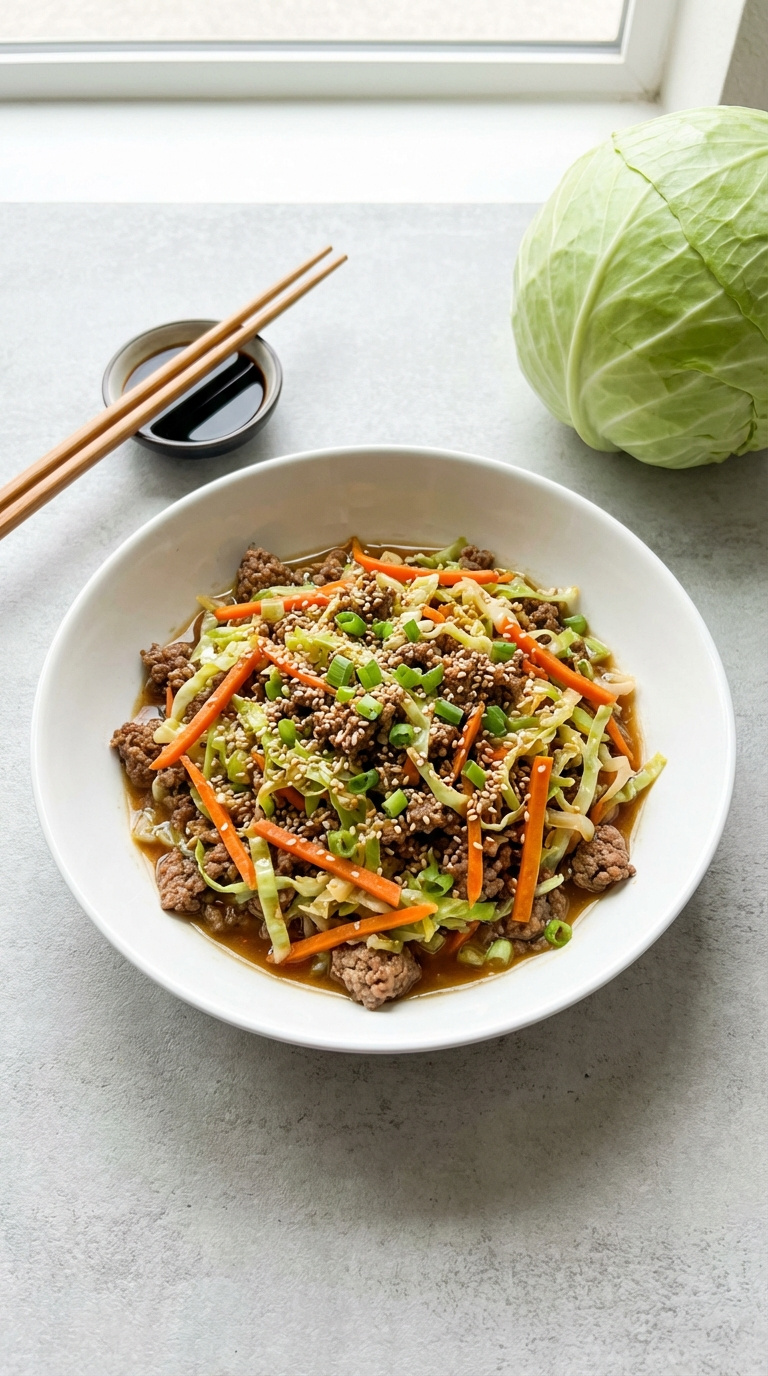 Deconstructed Egg Roll Bowl With Seasoned Ground Beef And Shredded Vegetables Topped With Sesame Seeds.