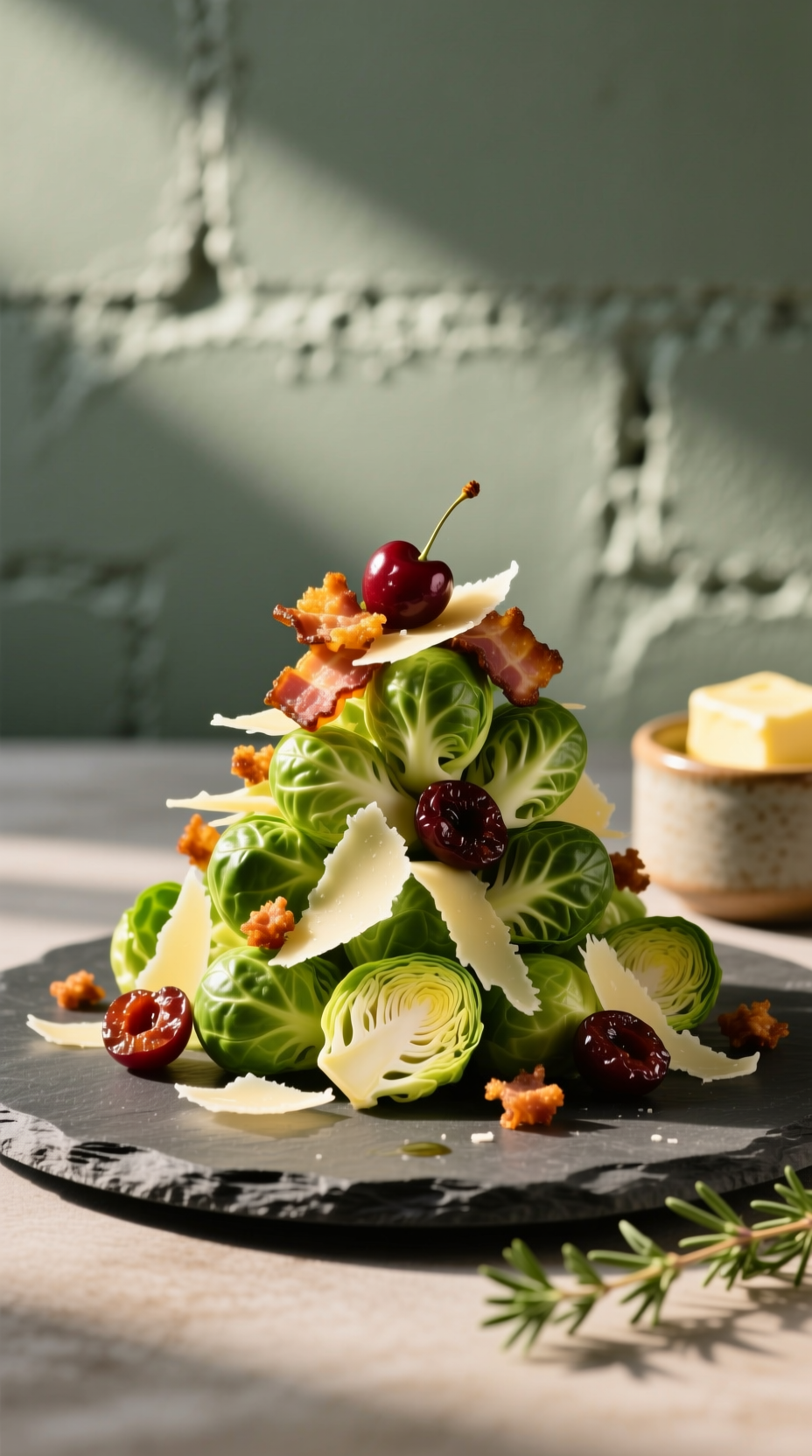 Deconstructed Holiday Salad With Raw Brussels Sprouts, Crispy Bacon, Dried Cherries, And Shaved Parmesan Cheese.
