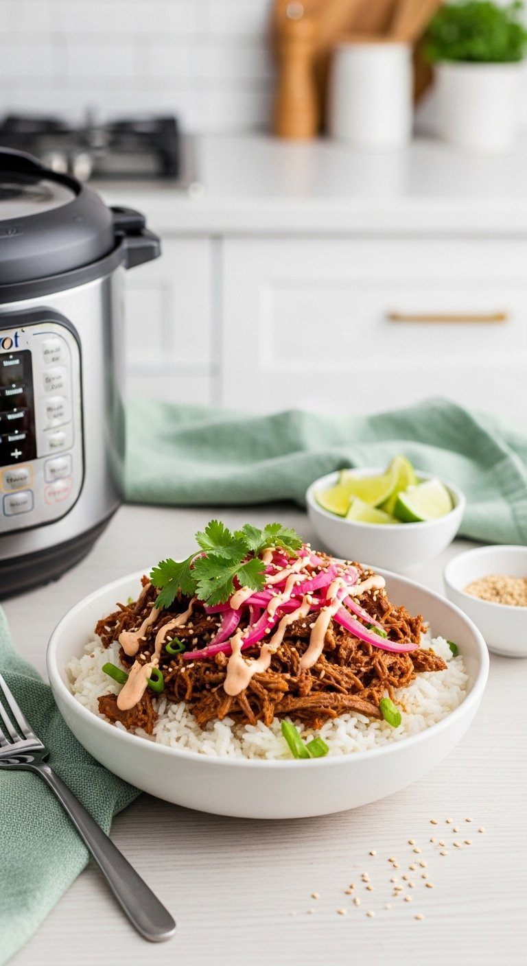 Deconstructed Instant Pot Beef And Rice Bowl Topped With Shredded Beef, Pickled Red Onions, Cilantro, And Sriracha Mayo.