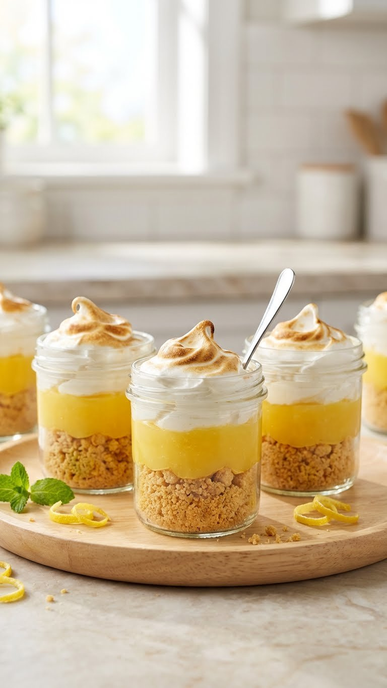 Deconstructed Lemon Meringue Cups With Visible Layers Of Curd, Shortbread, And Torched Meringue On A Wooden Tray With A Spoon.