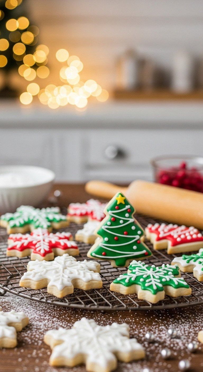 Decorated Christmas Sugar Cookies In Festive Shapes With Red And Green Icing On A Cooling Rack Set On A Rustic Wood Table.