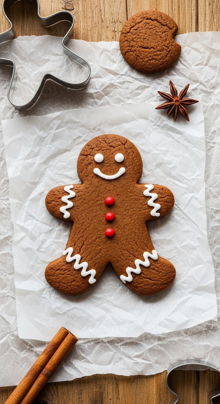 Decorated Gingerbread Man Cookie With White Royal Icing &Amp; Red Candy Buttons On Parchment Paper, Rustic Wood, Cinnamon Stick.