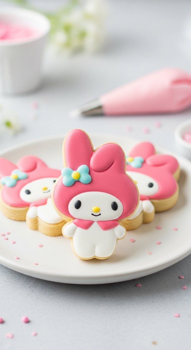 Decorated My Melody Sugar Cookies With Glossy Pastel Pink And White Royal Icing On A White Ceramic Plate.