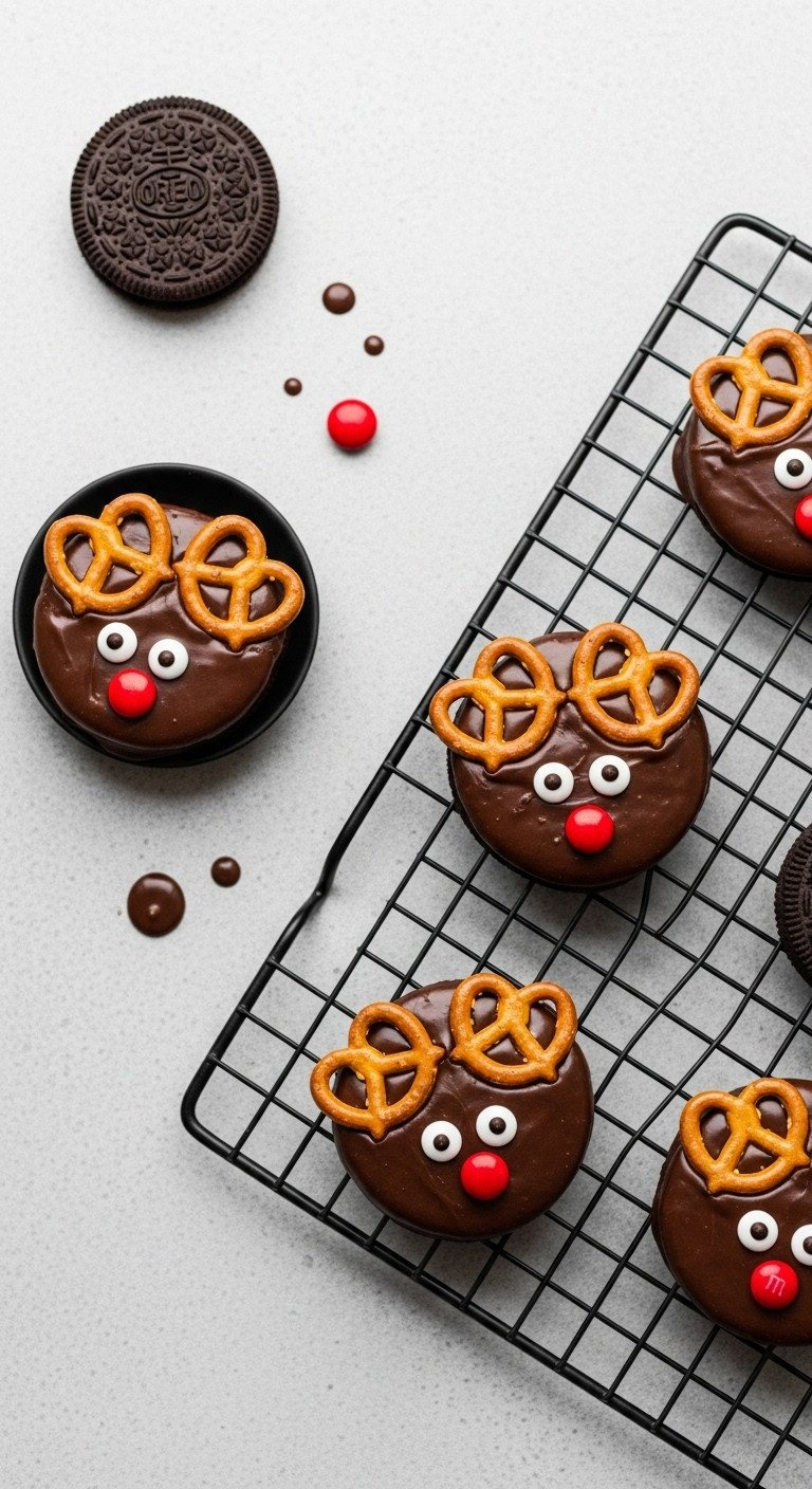 Decorated Oreo Reindeer Cookies: Chocolate, Pretzel Antlers, Candy Faces On A Wire Cooling Rack. Dark Slate, Chocolate Drips.
