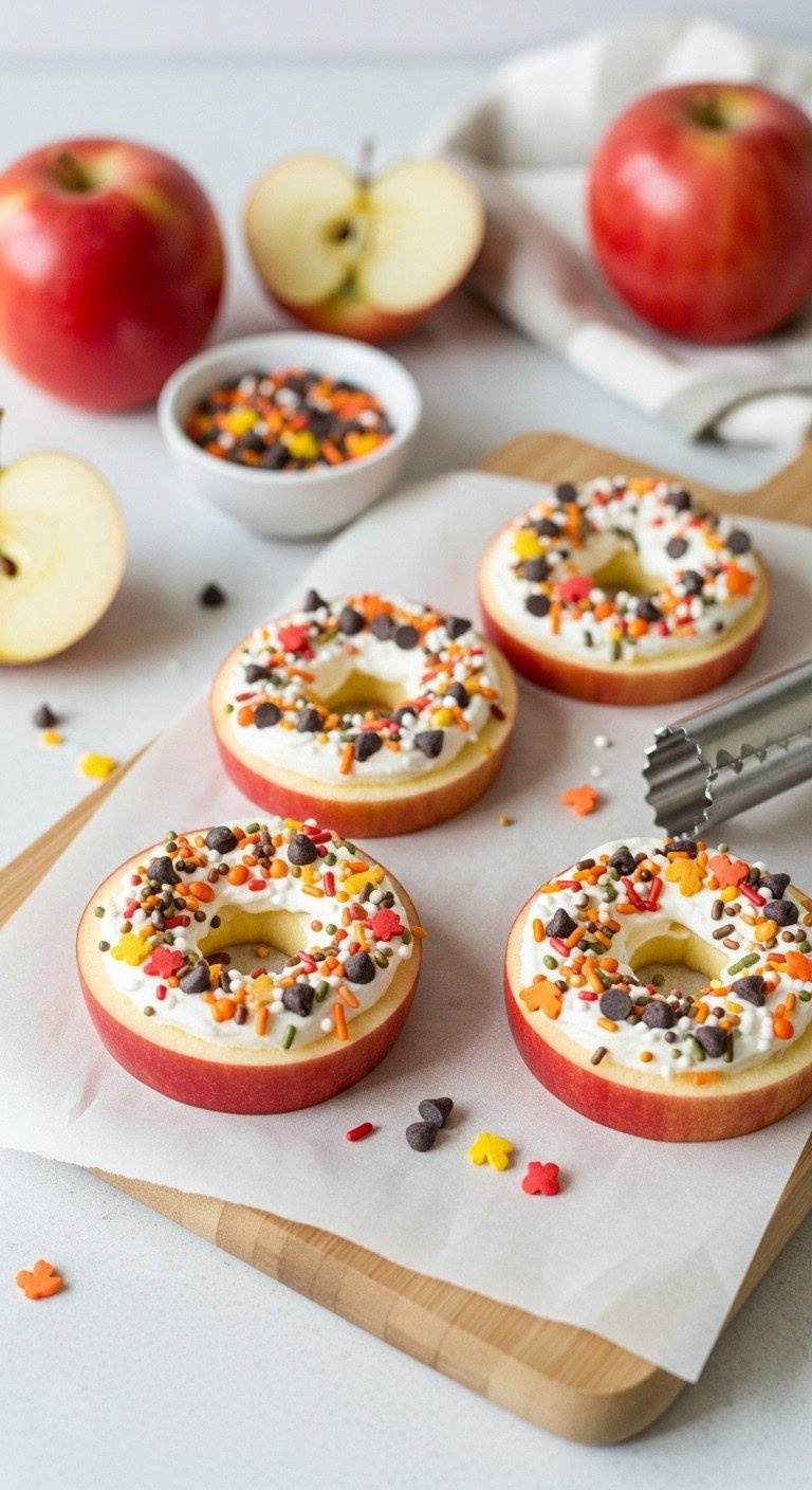 Decorated Apple Slice Donuts With Cream Cheese Frosting, Fall Sprinkles, And Chocolate Chips On A Cutting Board.