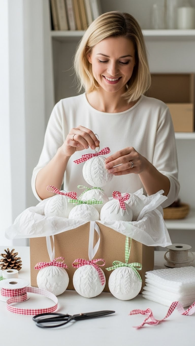 Decorated Baking Soda Ornaments Being Carefully Placed Into Archival Storage Box With Ribbons And Tissue Paper