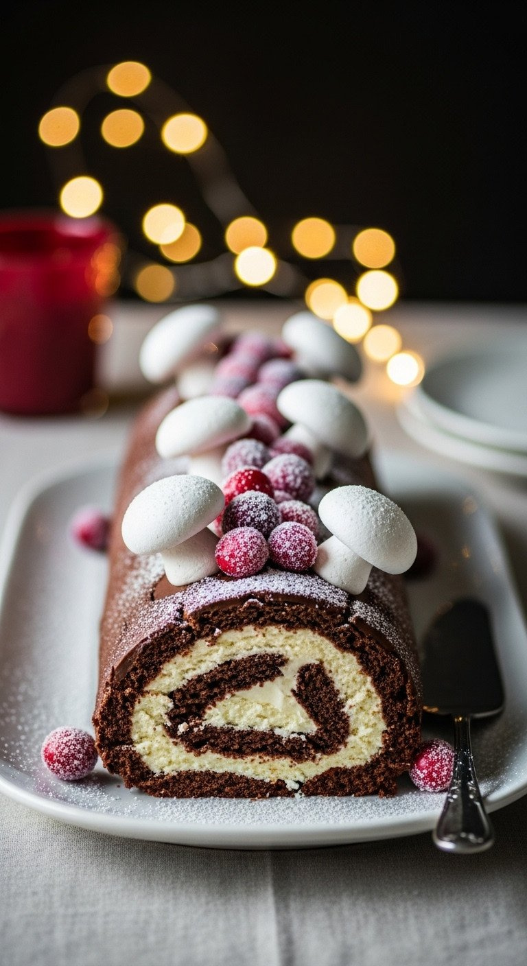 Decorated Chocolate Yule Log Cake On Platter, With Powdered Sugar Snow, Meringue Mushrooms, Sugared Cranberries.