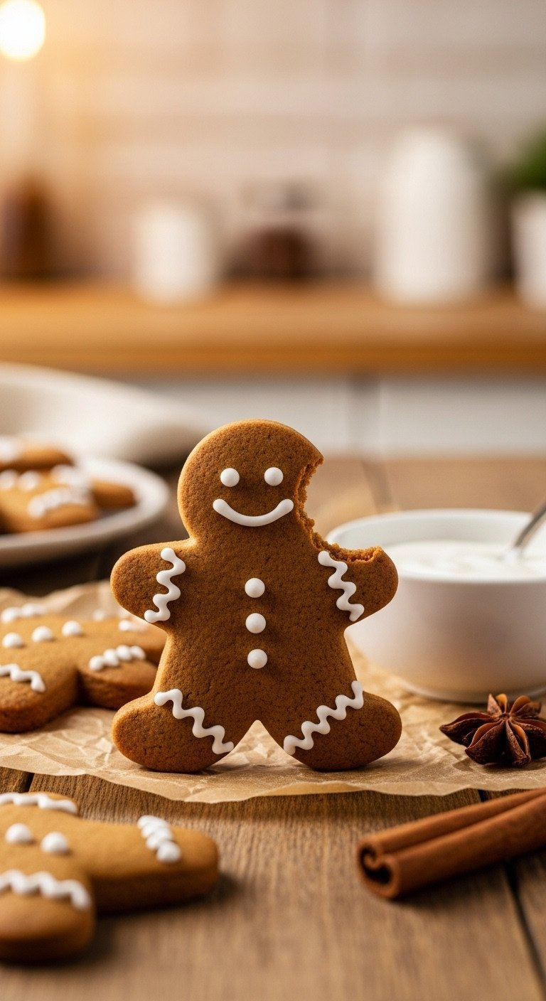 Decorated Gingerbread People Cookies With White Icing On Parchment Paper, With One Cookie Showing A Chewy Bite Mark Inside.