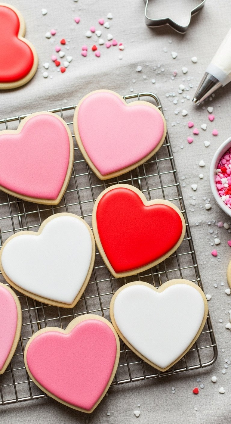 Decorated Heart-Shaped Sugar Cookies With Pink, White, Red Royal Icing. On Cooling Rack With Sprinkles. Bright, Festive Dessert.