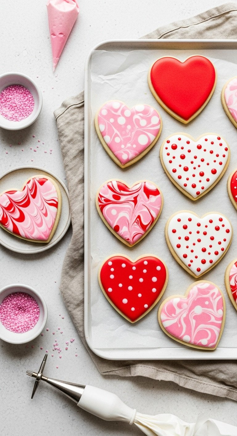 Decorated Heart-Shaped Sugar Cookies With White, Pink, Red Royal Icing &Amp; Intricate Designs. Sweet Valentine's Dessert.