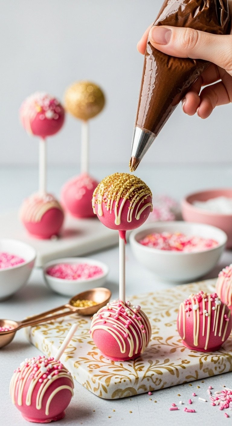 Decorating Cake Pops With Gold Edible Glitter, Pink Sugar Pearls, And White Drizzle For Unique, Sparkly Dessert Designs.