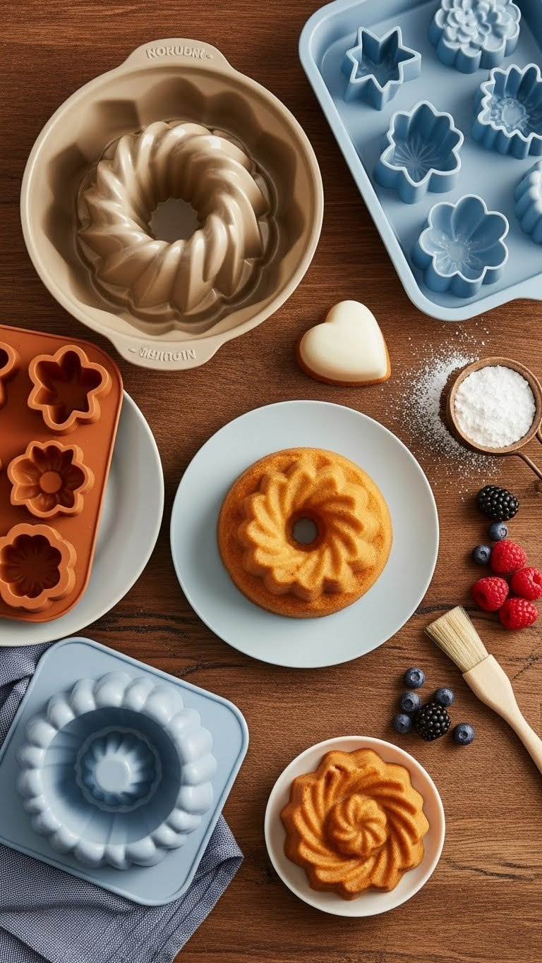 Decorative Cake Pans And Molds Featuring Intricate Patterns With Freshly Baked Cake On Rustic Wooden Surface