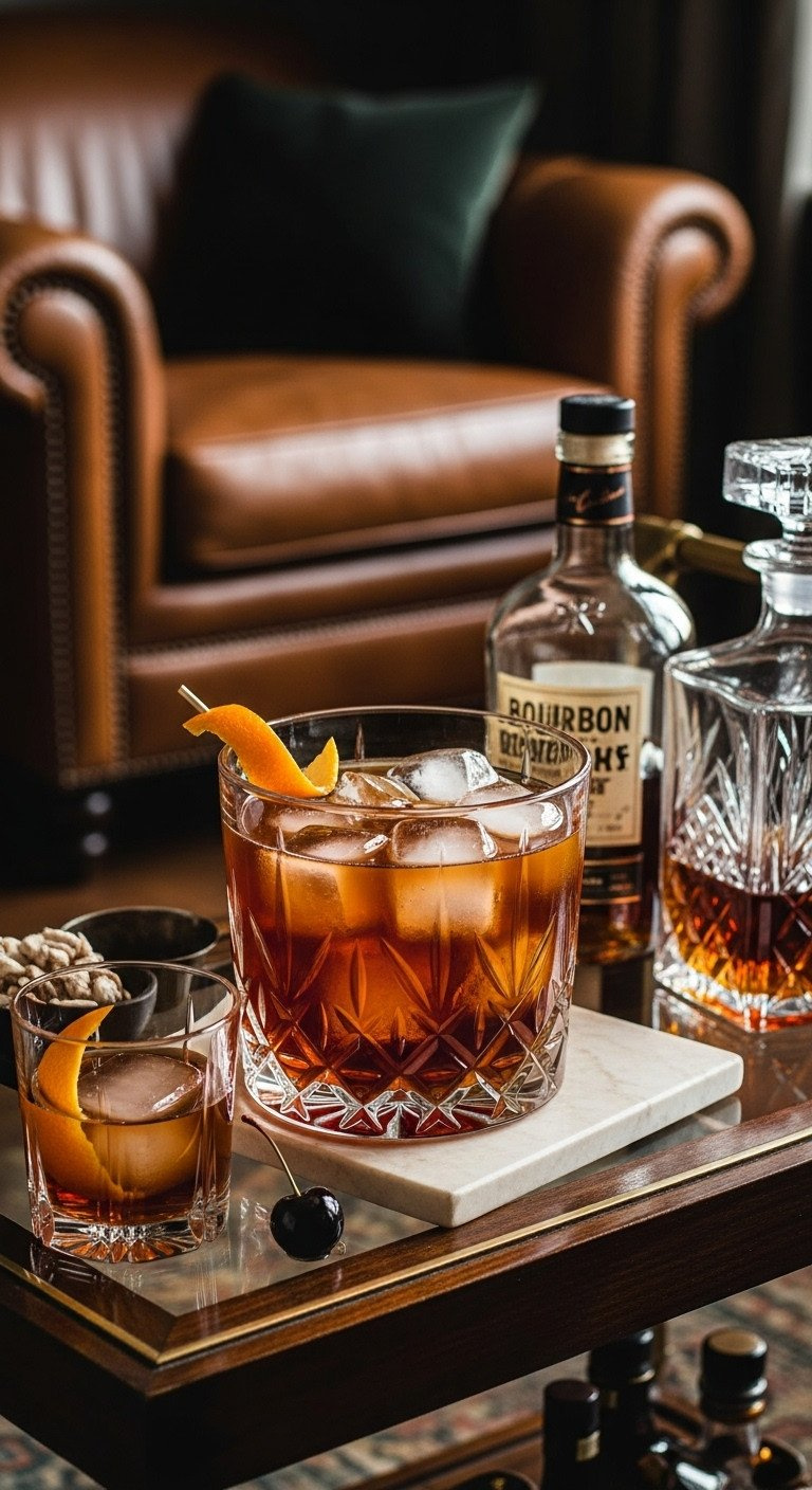 Deep Amber Bourbon Punch In A Vintage Glass Bowl, Garnished With Orange Peel On A Dark Wood Bar Cart.