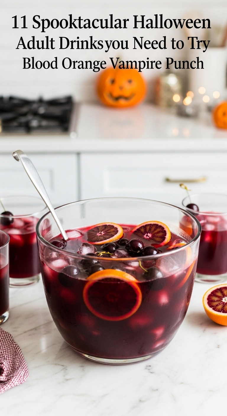 Deep Blood-Red Blood Orange Vampire Punch With Blood Orange Slices And Dark Cherries In A Glass Punch Bowl With A Ladle.