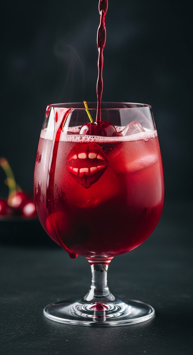 Deep Blood Red Vampire's Kiss Cooler With A Cherry And Red Syrup Drizzle In An Elegant Glass