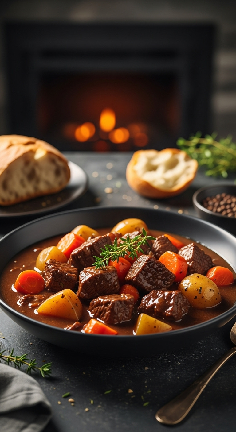 Deep Bowl Of Rich Hearty Crockpot Beef Stew With Tender Beef Carrots Potatoes And Thyme With Crusty Bread And Spoon
