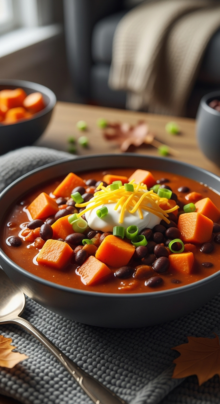 Deep-Colored Slow Cooker Sweet Potato Chili With Black Beans, Sour Cream, Green Onions, And Cheddar Cheese In A Bowl.