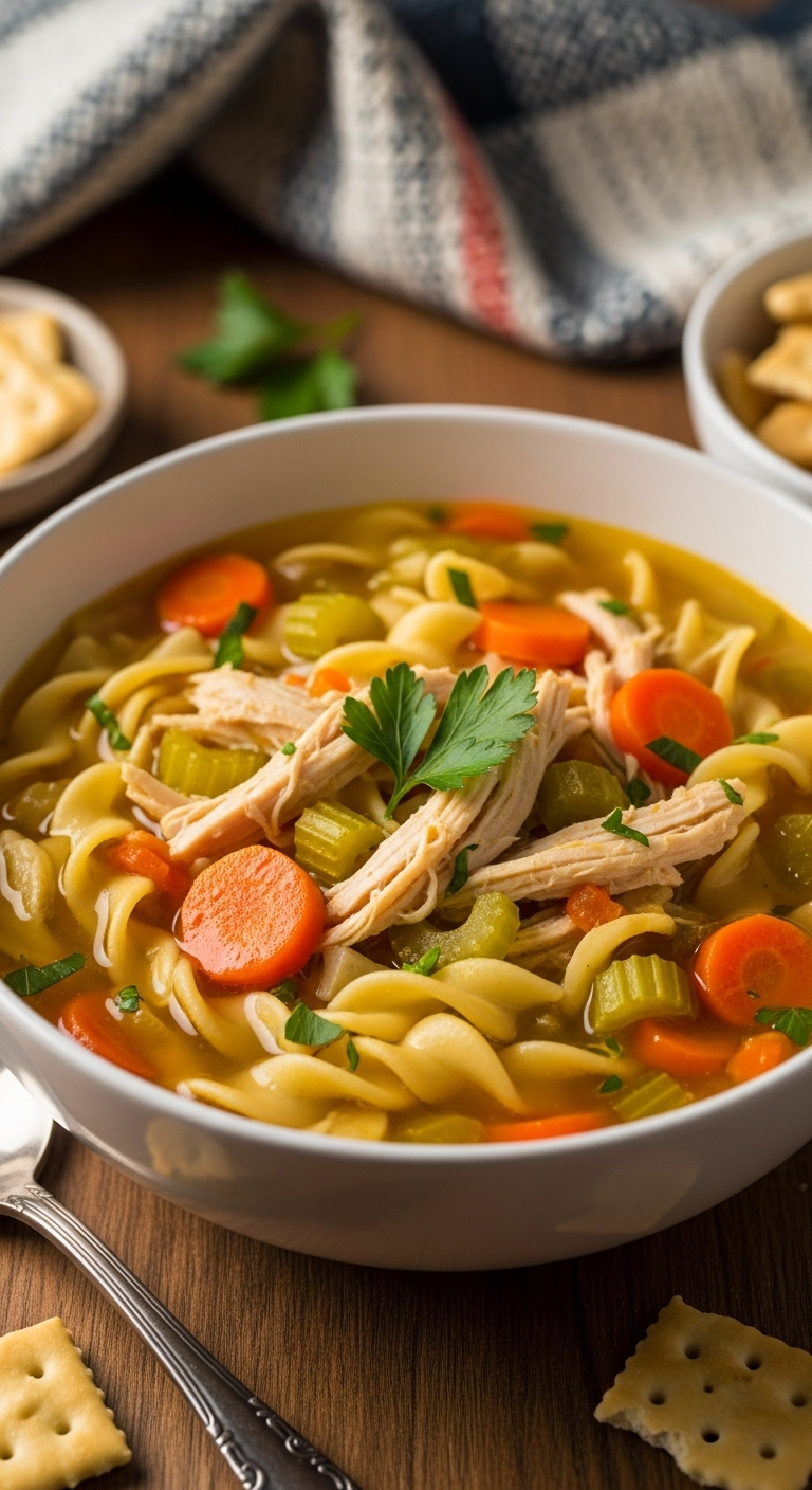 Deep Comforting Bowl Of Crockpot Chicken Noodle Soup With Egg Noodles Shredded Chicken Carrots Celery And Parsley On Wood
