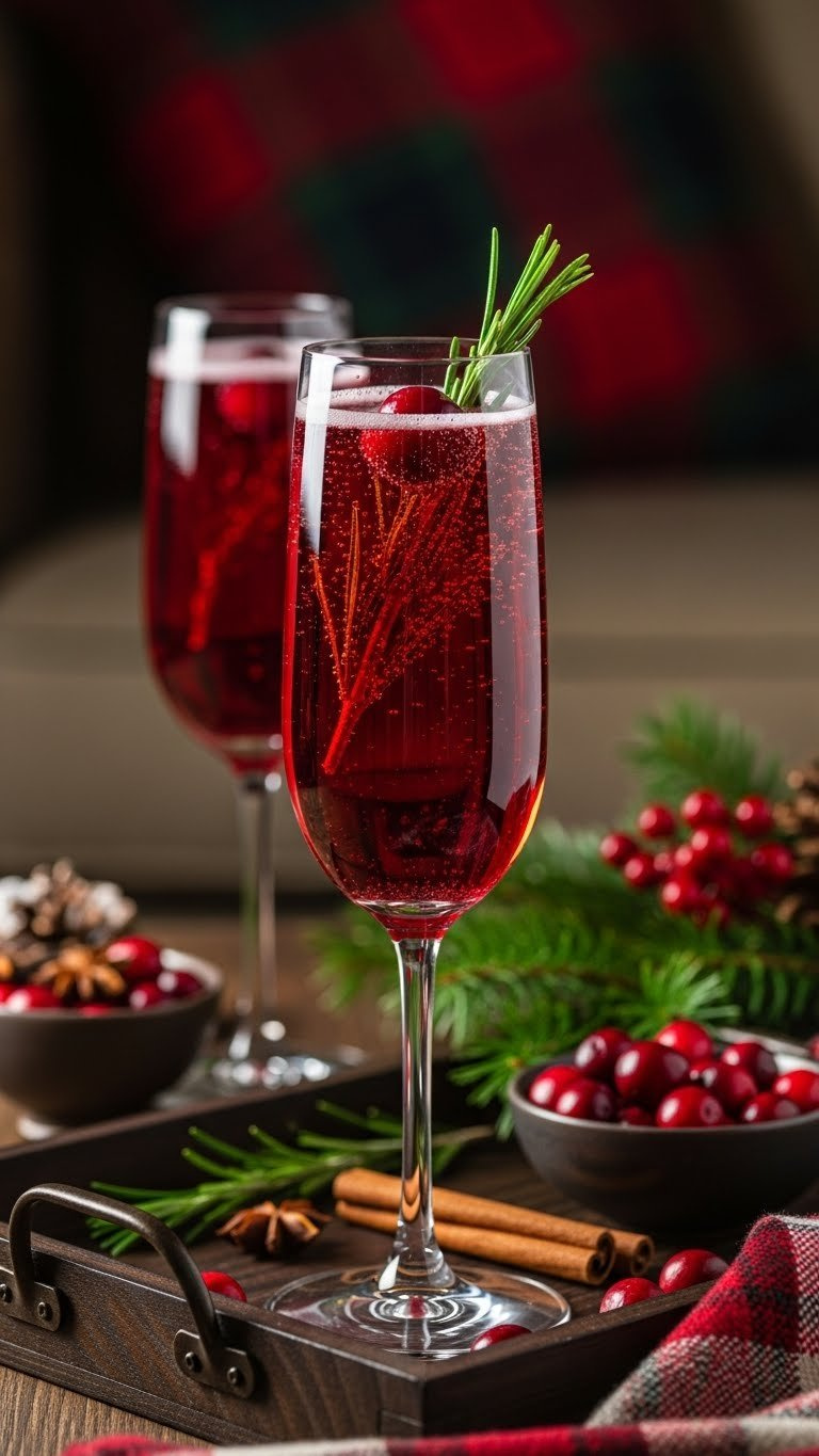 Deep Crimson-Pink Ruby Red Sparkling Cider In Champagne Flute With Cranberry And Rosemary Garnish