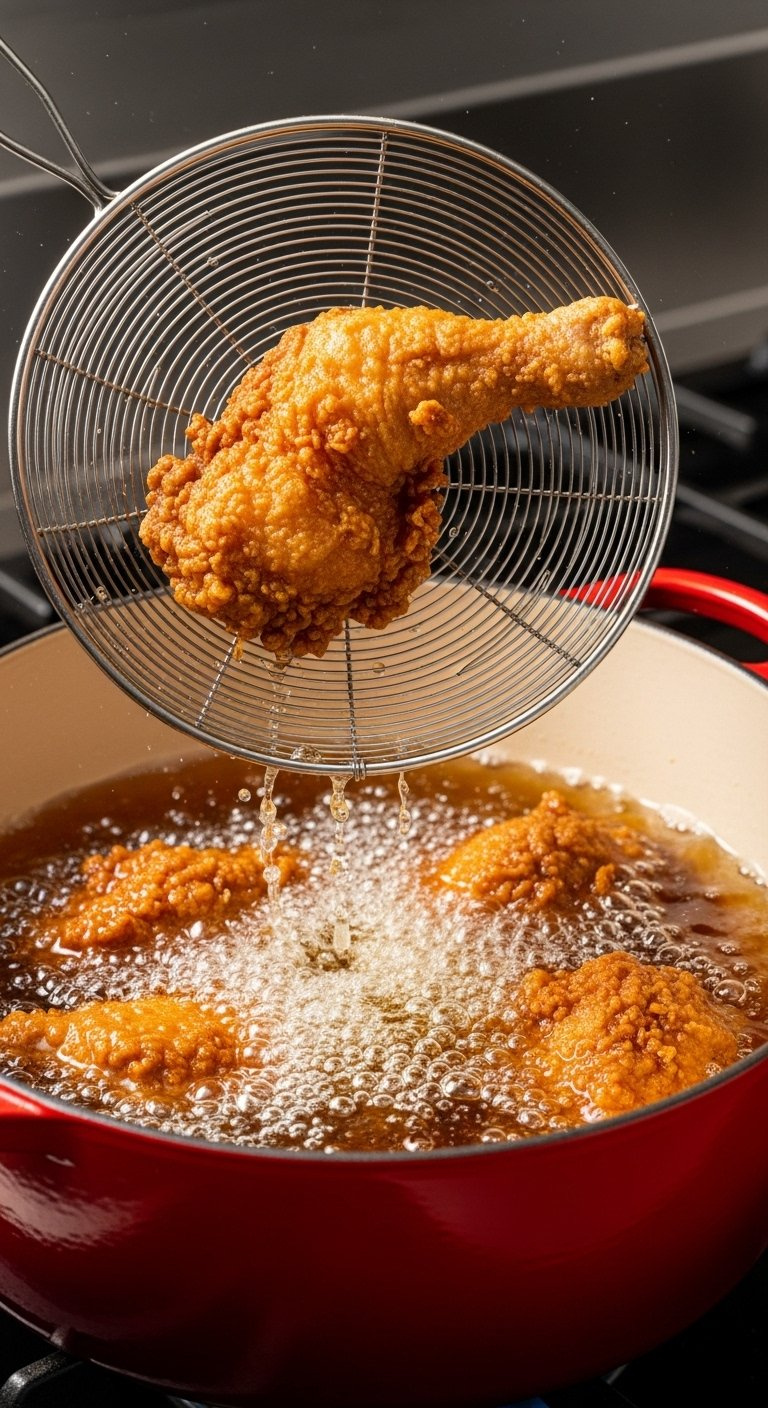Deep Golden-Brown Chicken Frying In Hot Oil During The Second Fry In A Red Enamel Dutch Oven.