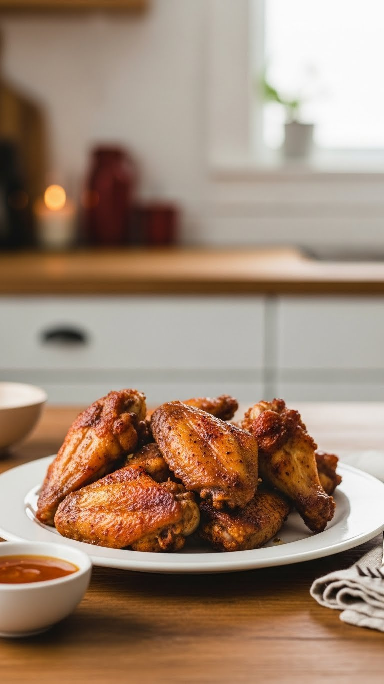 Deep Golden-Brown Oven Baked Chicken Wings With Baking Powder Crust On Rustic Wooden Table With Honey Garlic Sauce