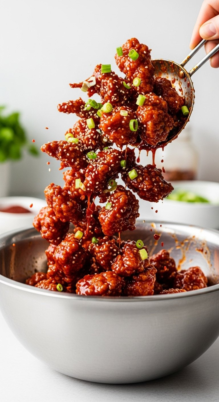 Deep Golden Crispy Chicken Tossed In A Large Metal Bowl With Glossy Red Gochujang Sauce And Sesame Seeds.