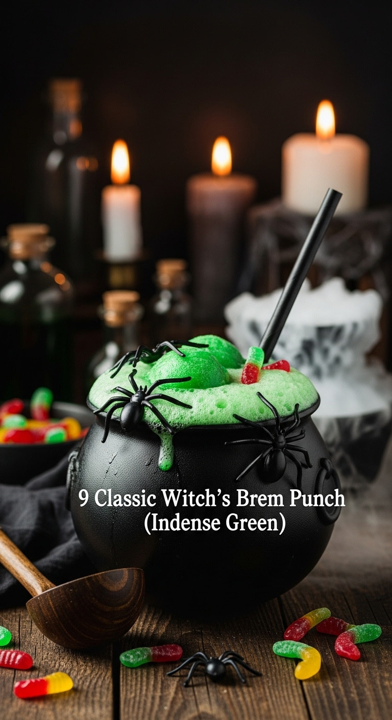 Deep Green Witch's Brew Punch In A Black Cauldron With Floating Plastic Spiders And Dry Ice Fog