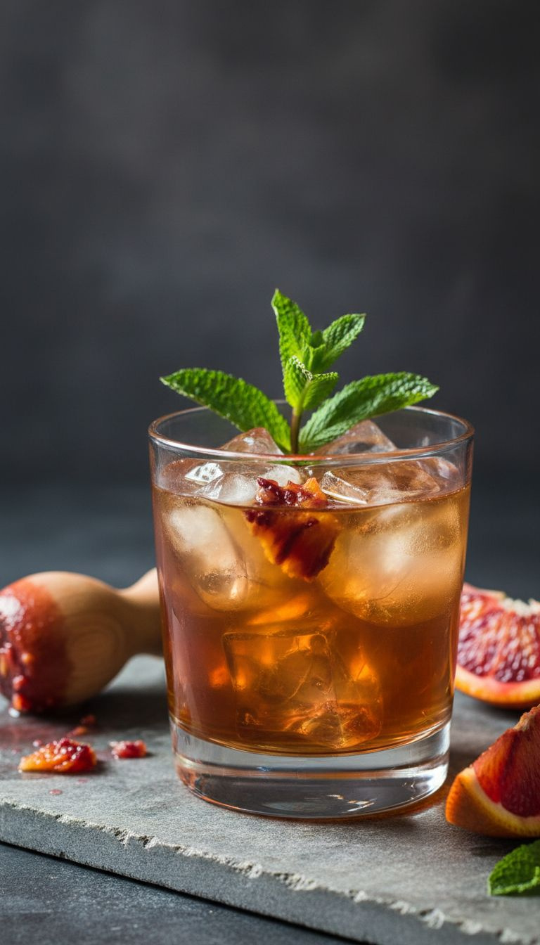 Deep Orange Blood Orange Bourbon Smash In A Rocks Glass With Muddled Blood Orange, Mint, And Ice On A Stone Surface.