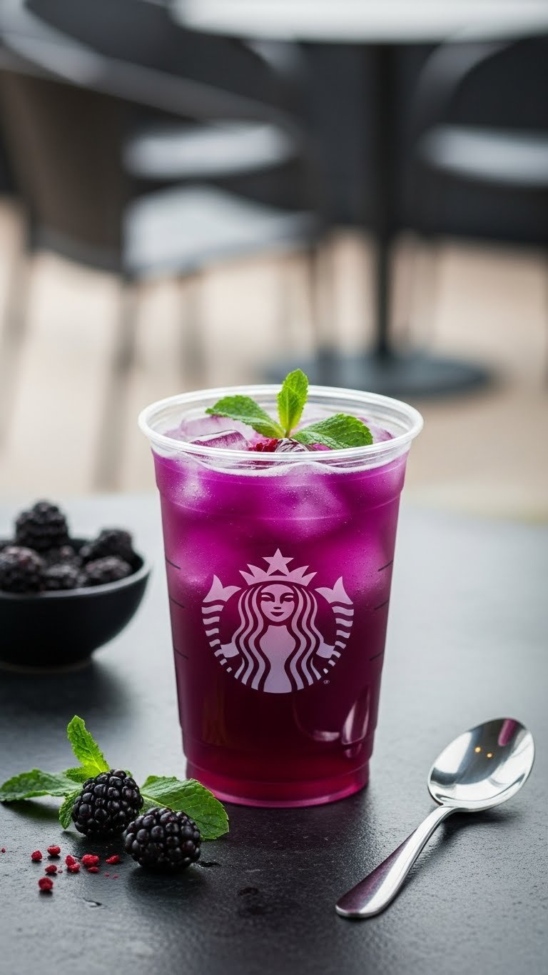 Deep Purple Starbucks 'Purple Drink' In Plastic Cup With Freeze-Dried Blackberries And Mint Sprig