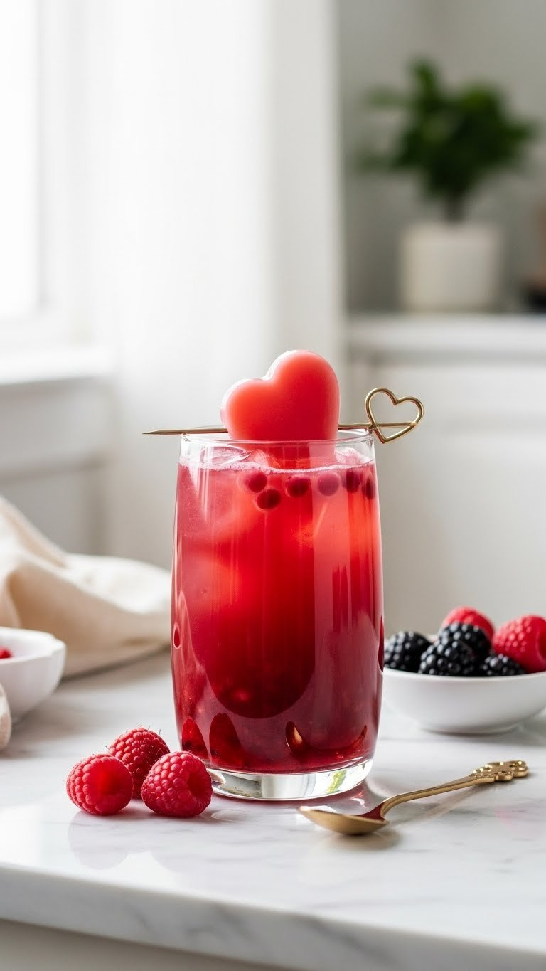 Deep Red Berry Boba Tea With Heart-Shaped Pearls And Berry Garnish On Marble Counter