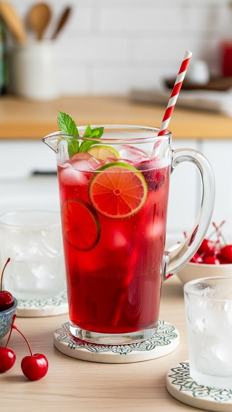 Deep Red Cherry Lime Fizz In Classic Glass Pitcher With Maraschino Cherries And Lime Slices On Light Wooden Table
