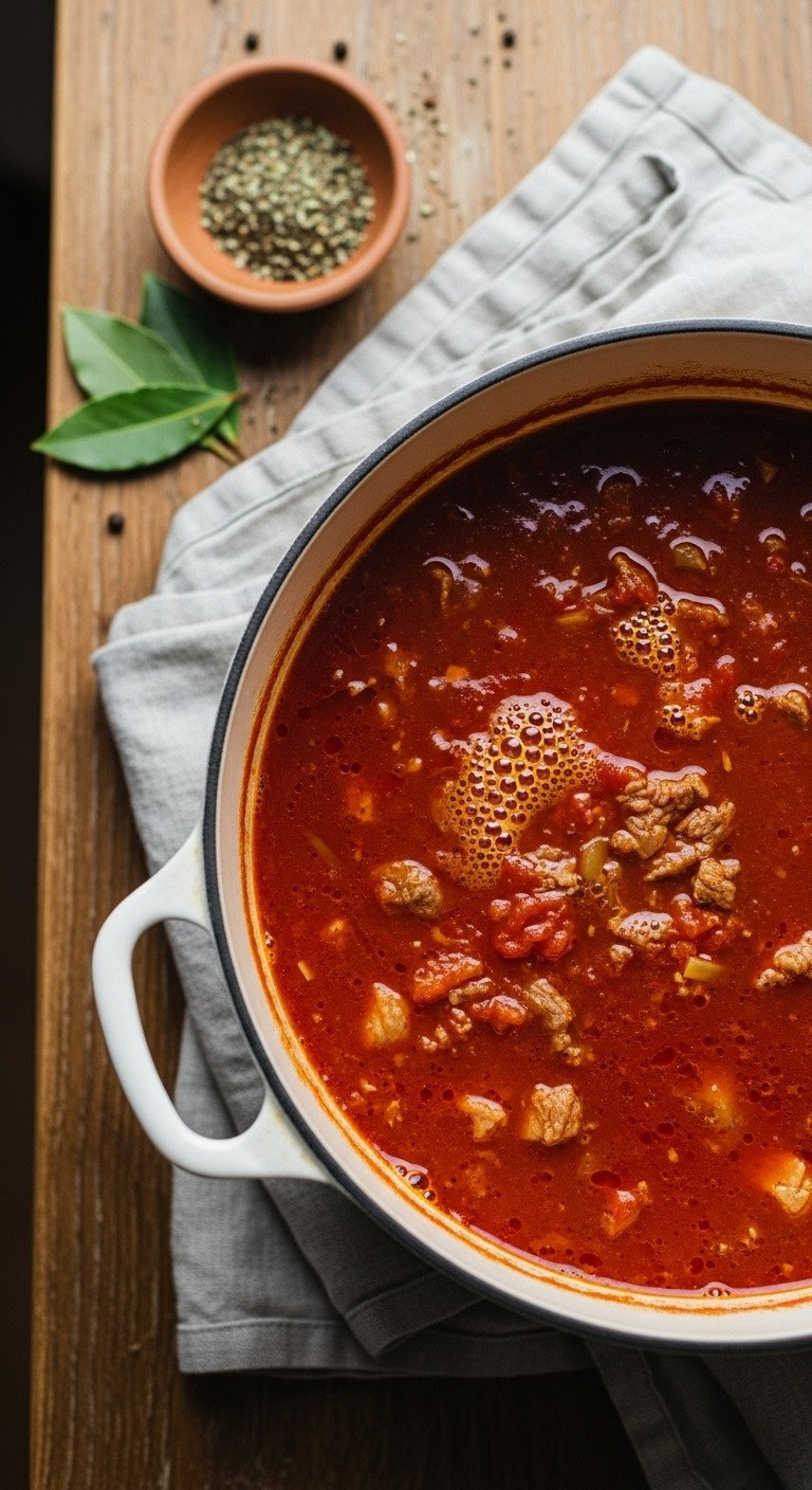 Deep Red Lasagna Soup Base With Meat Chunks Simmers In A Dutch Oven On A Rustic Wooden Table, Creating A Hearty Recipe.