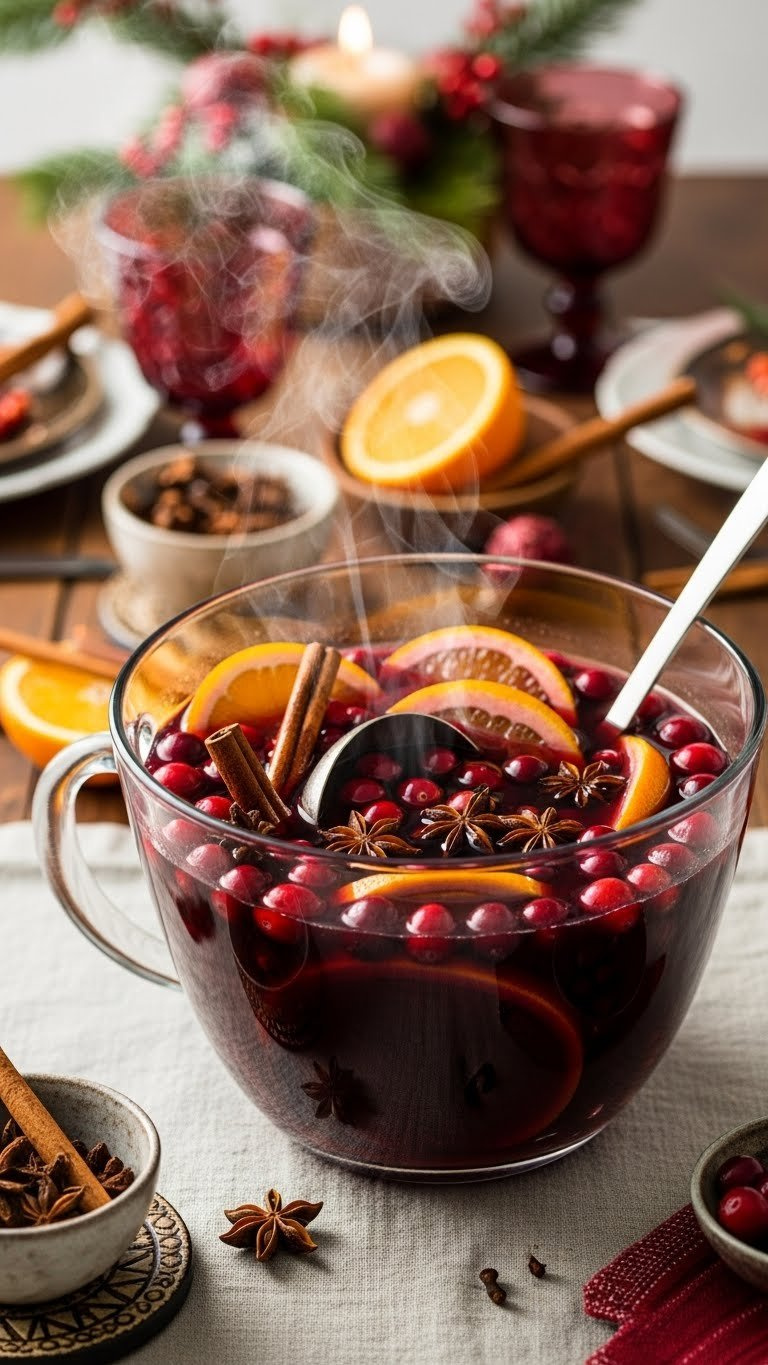 Deep Red Mulled Cranberry Punch In Clear Glass Bowl With Floating Spices And Rising Steam