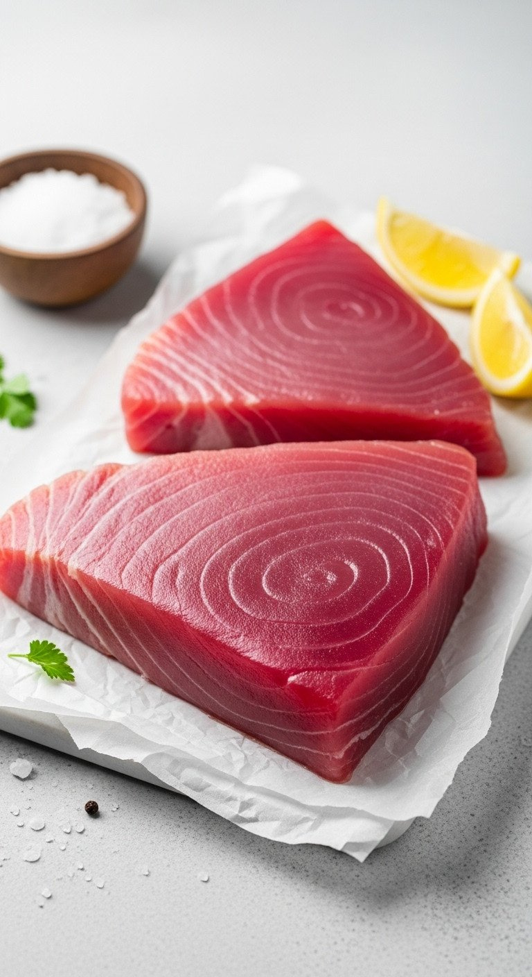 Deep Red Raw Ahi Tuna Steaks On White Butcher Paper With Fresh Lemon Wedges And Sea Salt, Showcasing Premium Yellowfin.