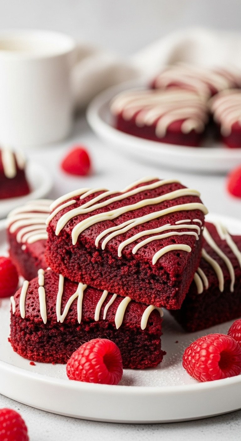 Deep Red Velvet Heart-Shaped Brownies With White Chocolate Drizzle And Powdered Sugar, Fresh Raspberries On A White Plate.